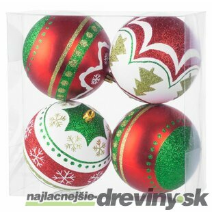 Gule Vianoce, 4 ks, červeno - zelené, s ornamentami, na vianočný stromček, 10 cm