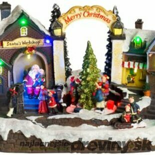 Luxusná vianočná dekorácia, Dedinka, 15 LED, farebná s melódiami, 3x AA, interiér, 33,50x18x20 cm