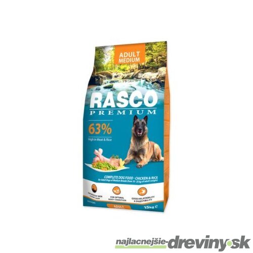 Krmivo Rasco Premium Adult Medium kura s ryžou 15kg