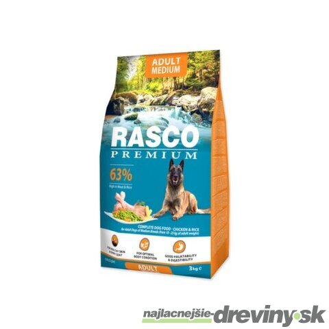 Krmivo Rasco Premium Adult Medium kura s ryžou 3kg